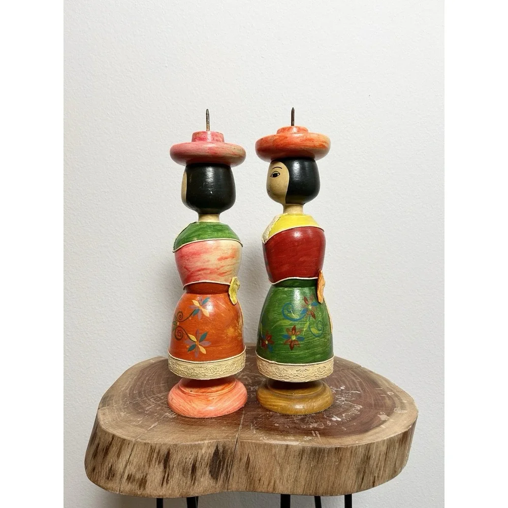 VTG Hand Painted Multicolor‎ Wooden Mexican Folk Art Dolls Candle Holders Set 2